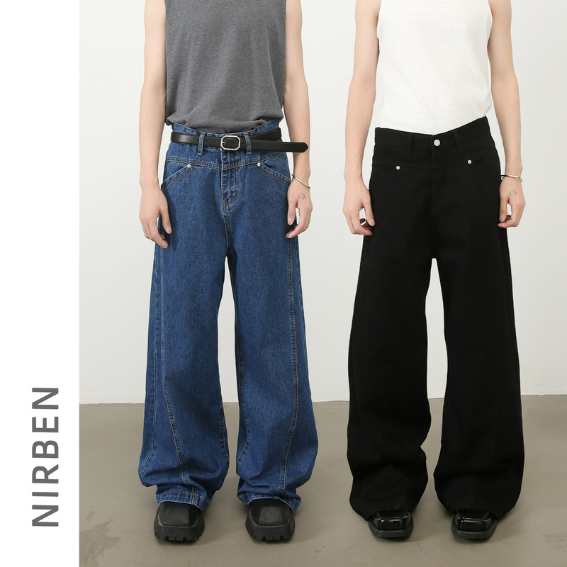 Nirben Denim | retro washed front and back split design straight jeans men's fashion brand loose wide leg pants