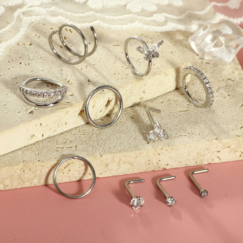 10-Piece Set Stainless Steel Nose Rings with CZ Gems Butterfly Nose Studs Nose Piercing Jewelry Gold Tone detail image 8