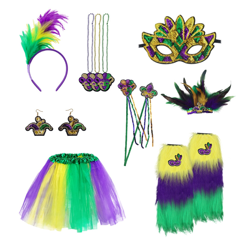 Nuevos productos transfronterizos Mardi Gras set de sequillas oro violeta verde fiesta de baile disfraz de bar espectáculo