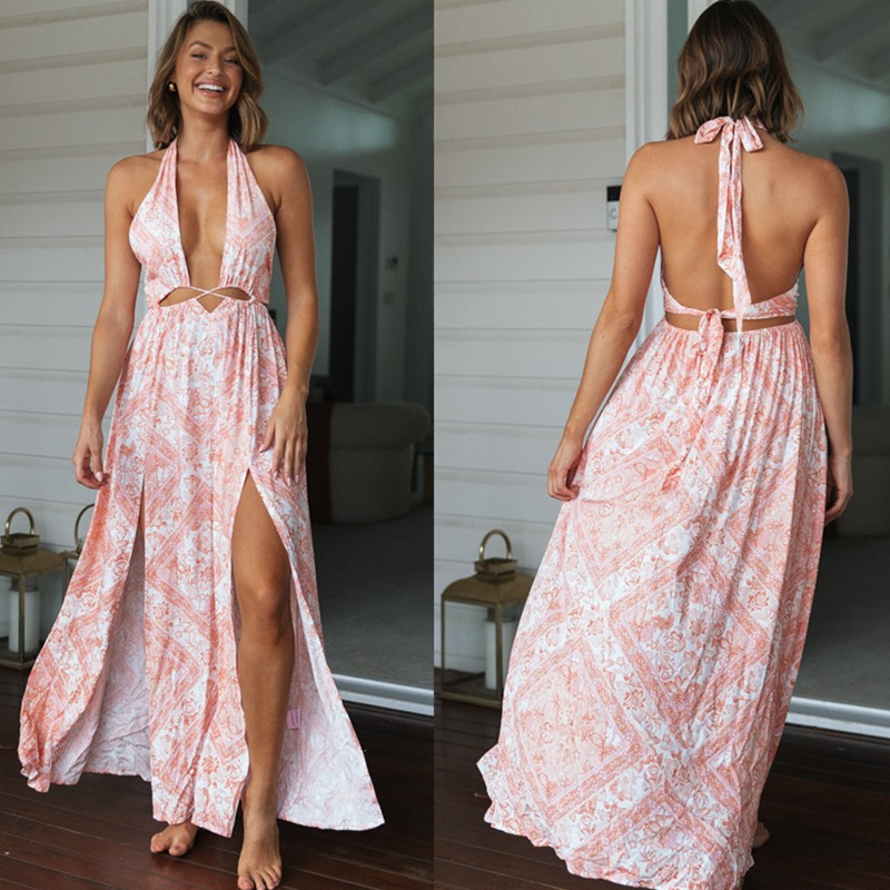 2022 New Printed Halter Pink Printed Dress Womens Split Long Dresspicture1