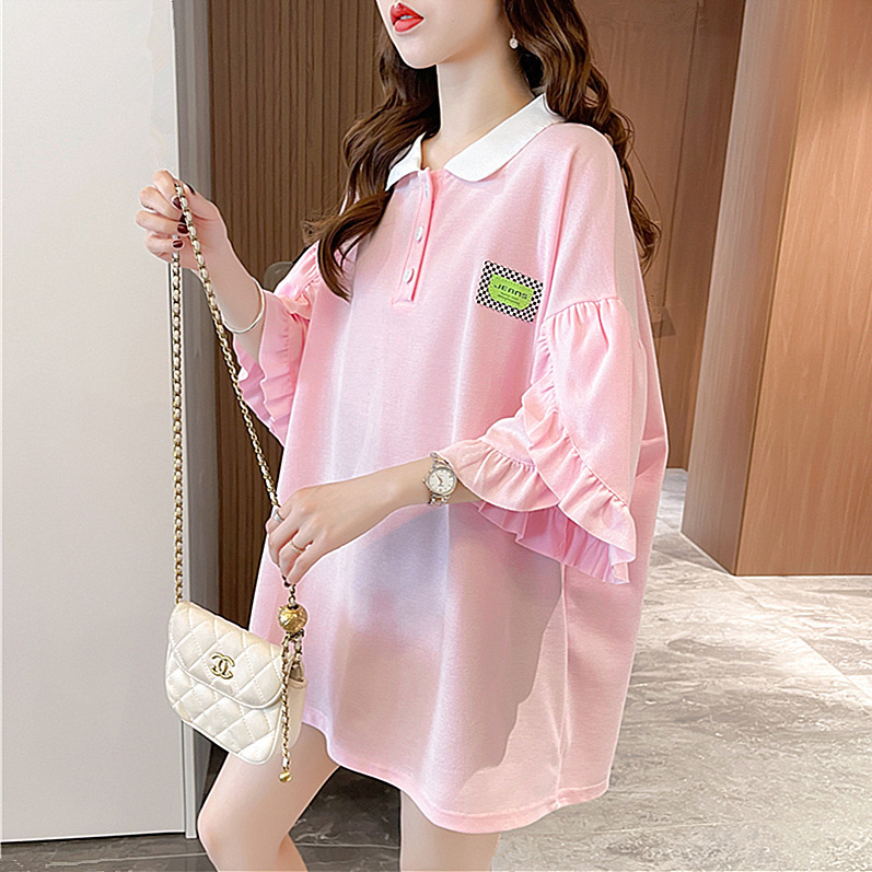 Korean Style Design Sense Niche POLO Collar Short-sleeved T-shirt Women's Summer Fashion Maternity Wear Mid-length Loose Belly-covering Top