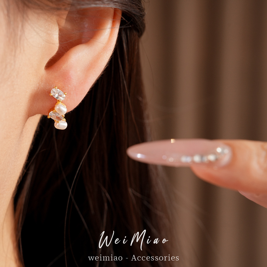 Agujas de plata de diamante oval perla