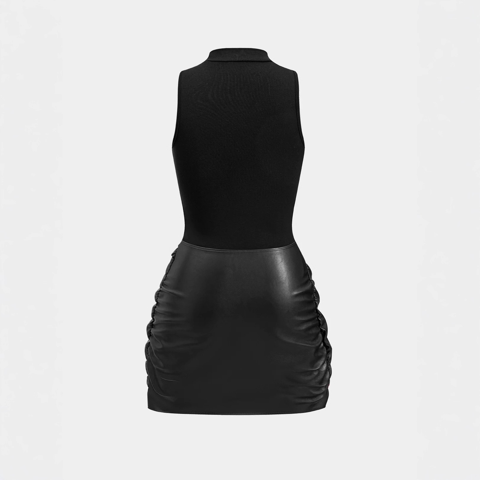 Women's Solid Color Sleeveless Mini Dress Front Tie PU Decoration Faux Two Piece_ecoleips.com