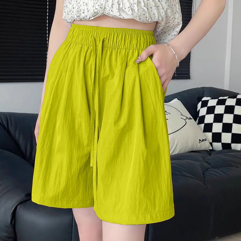 Summer Thin Wide-Leg Five-Point Pants with Elastic Waist, Loose Straight-Cut Pleated Cool Quick-Dry Ice Silk Shorts for Women