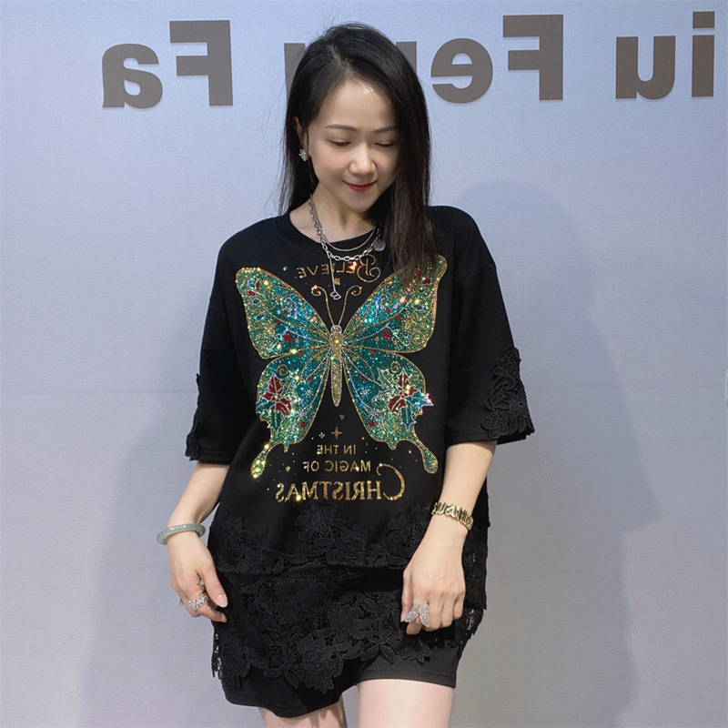 Trendy Brand Lace Patchwork Short-Sleeve Top for Women, New Summer Style, Mid-Length, Heavy Rhinestone Embellishment, Loose Fit, Slimming Half-Sleeve Top Trendy Brand Lace Patchwork Short-Sleeve Top for Women, New Summer Style, Mid-Length, Heavy Rhinestone Embellishment, Loose Fit, Slimming Half-Sleeve Top