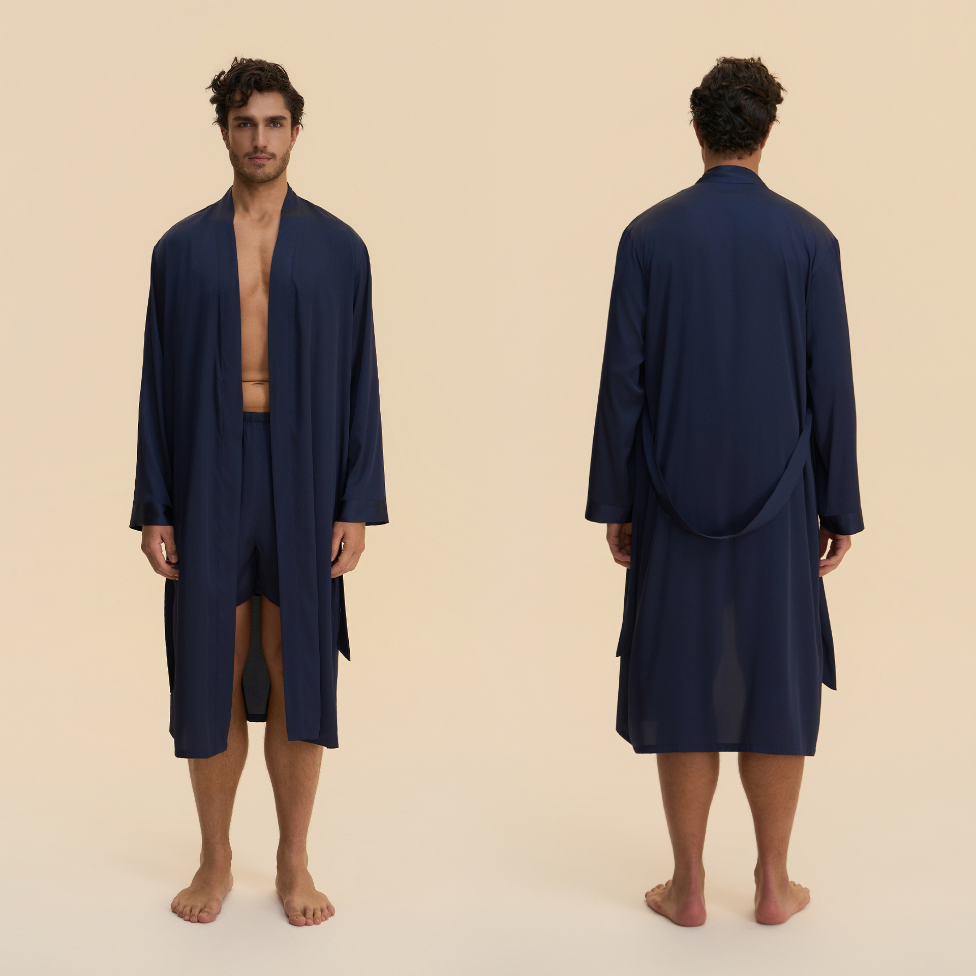 Primavera y otoño nuevo hombre transfronterizo de color sólido pijama largo corto con cara bata de baño conjunto de ropa de casa 3989