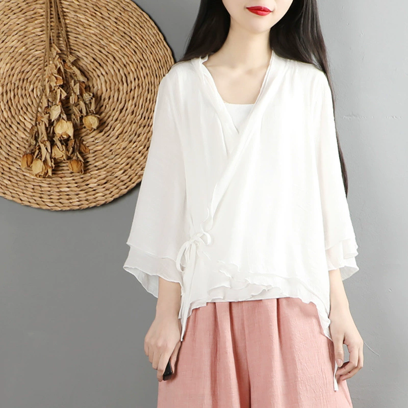 Ретро-кардиган на шнуровке в китайском стиле из хлопка и льна династии Хань, женское летнее платье, литературный чайный костюм в китайском стиле, тонкая куртка с кондиционером и защитой от солнца