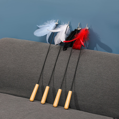 Wooden Handle Telescopic Carbon Fiber Wand Cat Toy with Colorful Feather Bell Balls Pet Supplies Cat Toy