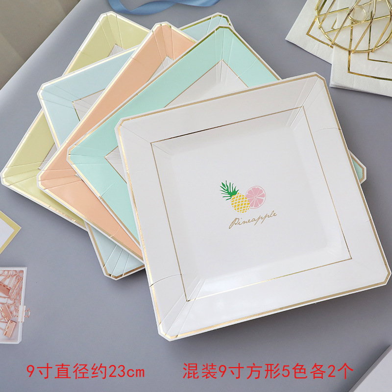 (2개) 아마존 크로스 국경 재고 컬러 종이 트레이 일회용 스퀘어 라운드 케이크 플레이트 종이 컵 생일 파티 세트