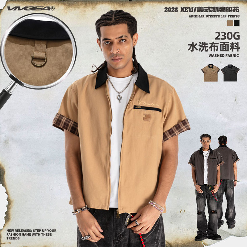 Vivgae Men's Clothing | Original American Trendy Brand Workwear Carhartt Style Short-Sleeved Shirt Jacket Cuffs Lapel Plaid