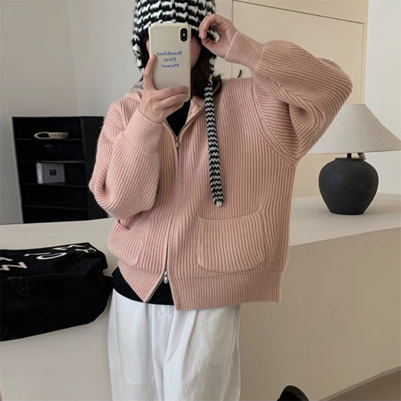 加厚简约坑条双口袋连帽拉链毛衣外套女秋冬新款宽松软糯针织开衫|undefined
