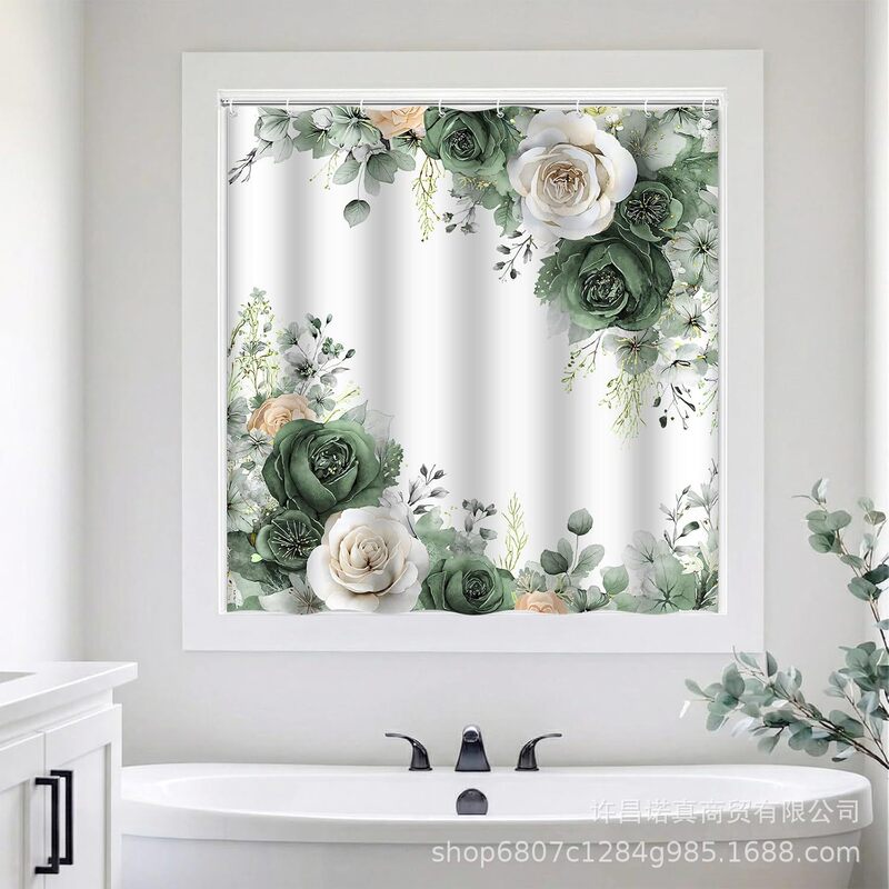 Cross-border Temu hot-selling navy blue floral birthday party digital print shower curtain for daily home bathroom decoration