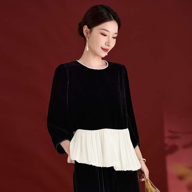 Ink Beauty Original Autumn Women's Fashion Easiest for Match Silk Velvet Round Neck Hem Spliced ​​Long Sleeve Top 1381