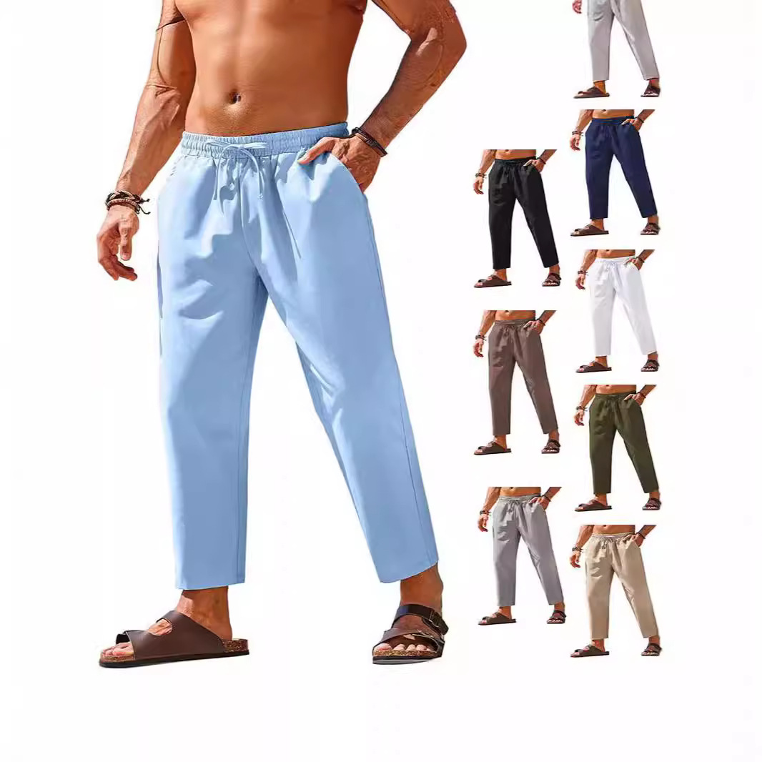 2024 New Cross Border Amazon Men's Linen Casual Pants Elastic Waist Drawstring Pants Yoga Beach Summer Trousers