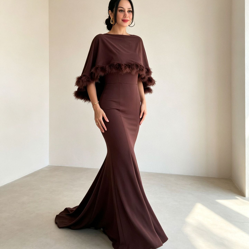 2026 Spring European and American Amazon Cross-Border Feather Trim Shawl High Waist Slimming Floor-Length Mermaid Party Dress 2026 Spring European and American Amazon Cross-Border Feather Trim Shawl High Waist Slimming Floor-Length Mermaid Party Dress