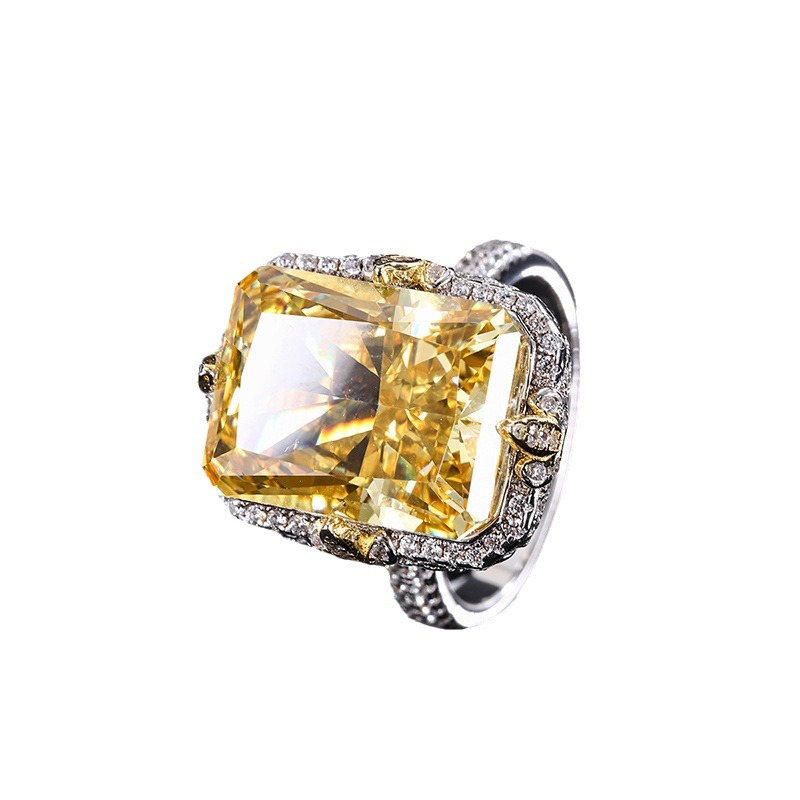 Zhuang Sheng joyería S925 todo el cuerpo de plata color tesoro alto carbono diamante largo cuadrado lujo con incrustaciones anillo cerrado principal piedra 12*16