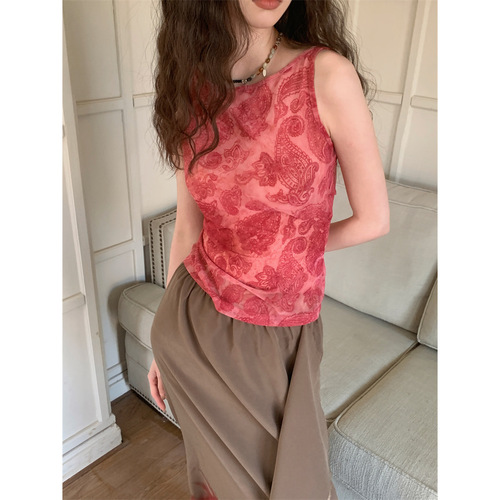 Pure Desire Summer Mesh Top Strappy Backless Bodysuit for Women Shoulder-Strapped French Vintage Print Blouse with Unique Backless Knot