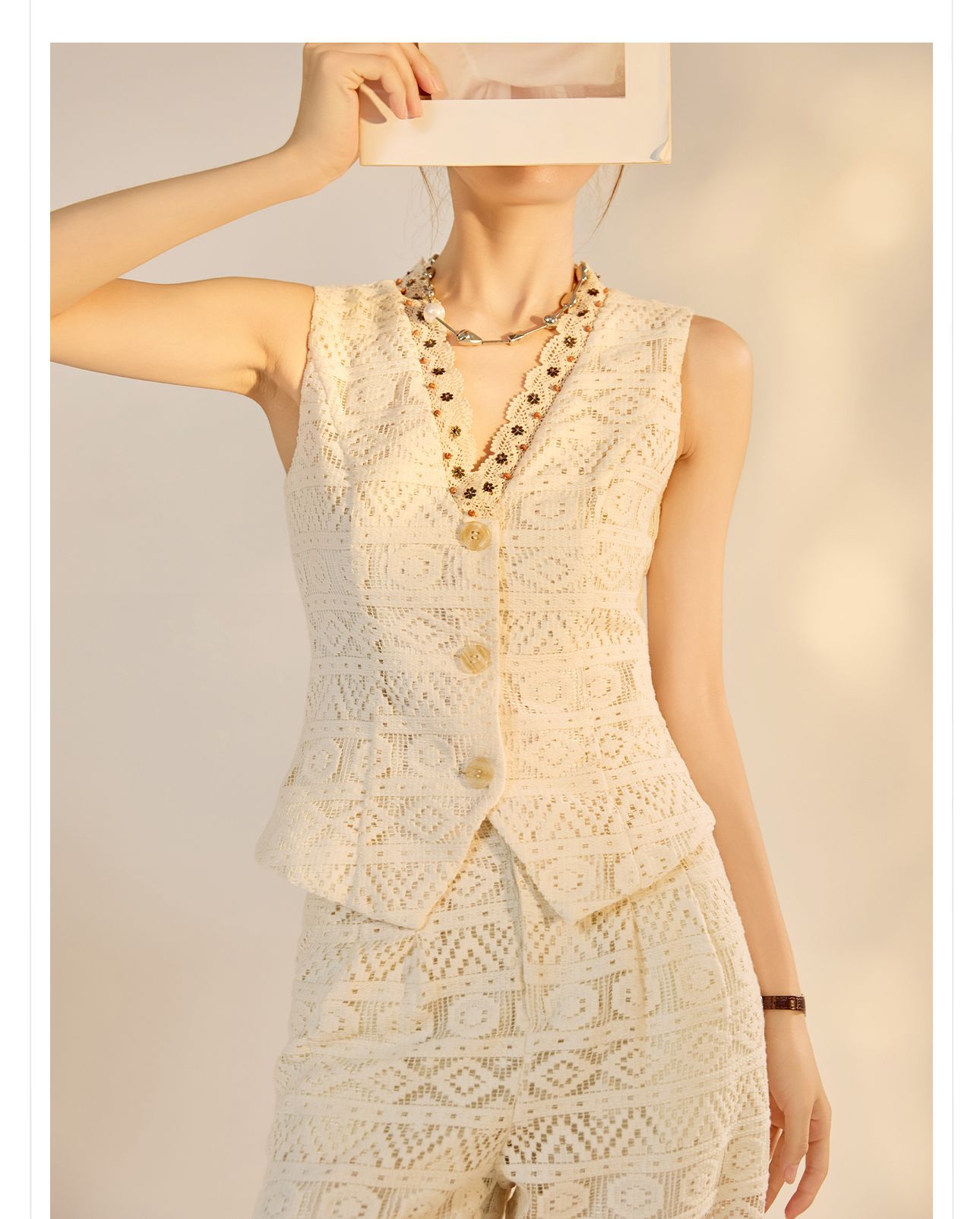 Bộ vest quần dài nữ cổ chữ V khoét lỗ phong cách retro cao cấp mùa hè 2026 — Quần dài, Vest [có dây ruy băng] chi tiết 10