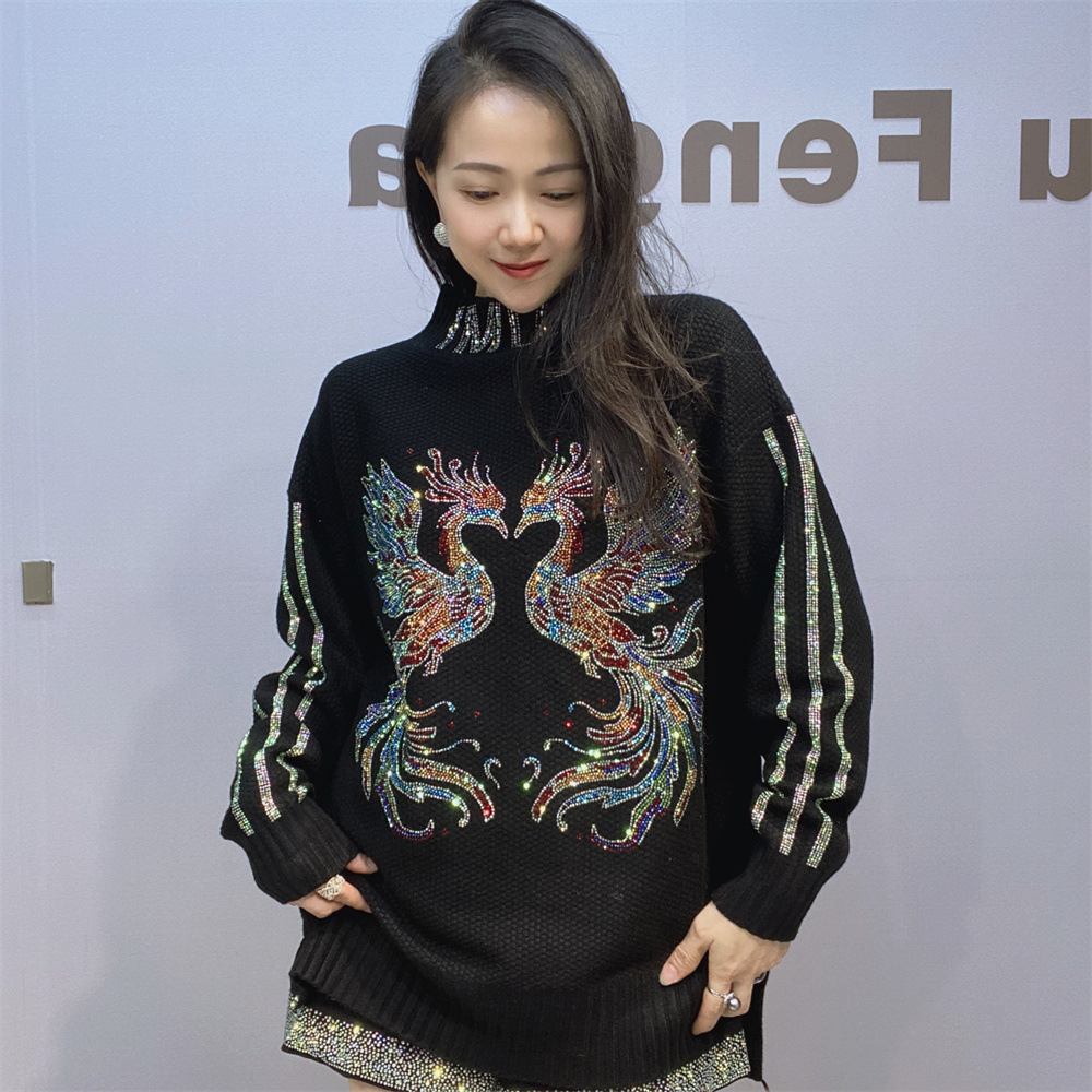 Estación europea suéter de estilo perezoso de cuello medio alto para mujer, moda de manga larga para mujer, diamantes calientes sueltos, suéteres de gran tamaño, tendencia