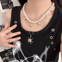 欧美跨境饰品金属海星贝壳项链女假风巴洛克珍珠项链海滩休闲饰品