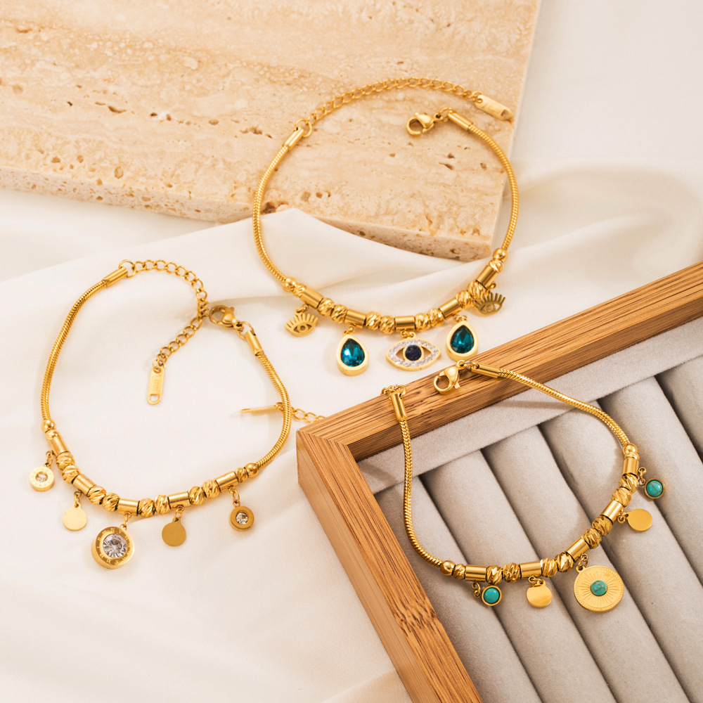 Fashion Round Eye Titanium Steel Plating Inlay Turquoise Bracelets 1 Piece