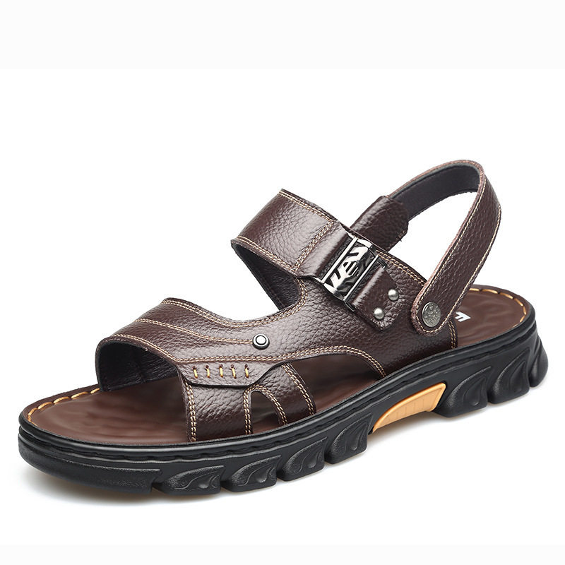 Dép sandal nam da bò hở ngón chống trượt đế dày mềm — nâu, đen