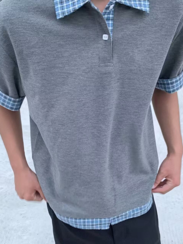 韩系格纹假两件POLO衫男女男夏季高级感cleanfit衬衫领短袖T恤衫|undefined