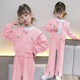 女童套装秋季新款洋气中大童娃娃领外套小女孩春秋宽松卫裤两件套