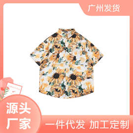 一件代发夏季复古拼色花卉满印短袖衬衫男潮牌宽松情侣休闲花衬衣