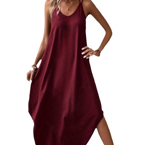 Summer European and American elegant style women's cotton polyester spaghetti strap V-neck solid color A-line women's dress