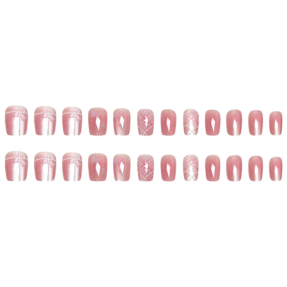 Ojos de gato en relieve, corazón de niña, uñas rosa, arco dulce y delicado, 24 piezas de parches de uñas terminados.