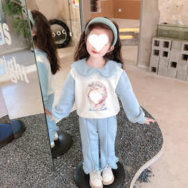 女童冬装一体绒加厚娃娃领套装2025中小童卡通拼接卫衣长裤两件套