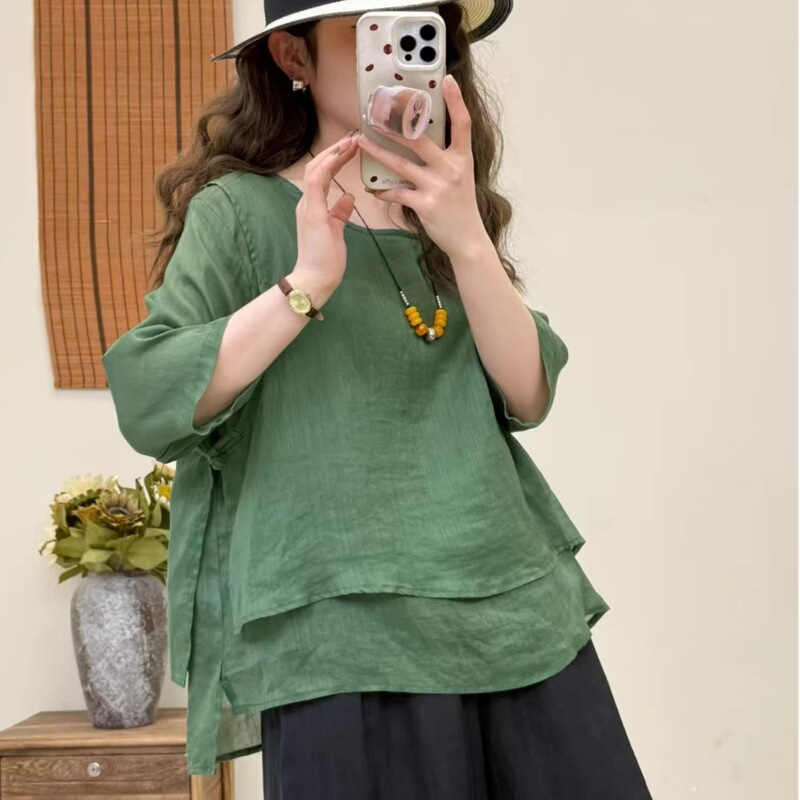 Double-Layer Cotton and Linen Pullover Shirt for Women, Casual Versatile Buttoned Faux Two-Piece Solid Color Top, New Summer 2026 Model Double-Layer Cotton and Linen Pullover Shirt for Women, Casual Versatile Buttoned Faux Two-Piece Solid Color Top, New Summer 2026 Model