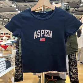 BM风夏季新款美式ASPEN字母印花短袖T恤女bm高腰短款辣妹小上衣女
