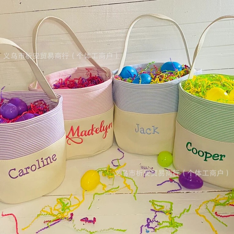 etsy personalized embroidery easter basket striped high quality storage basket versatile seersucker striped canvas