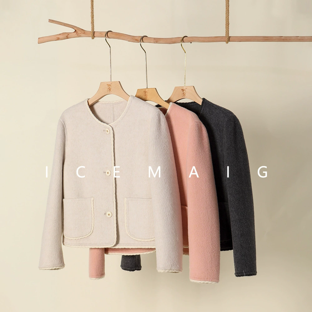 8632 Новое женское короткое шерстяное пальто без воротника с двусторонними пуговицами в стиле Шанель из шелка и верблюжьей шерсти, ранневесеннее шерстяное пальто с короткими отделками.