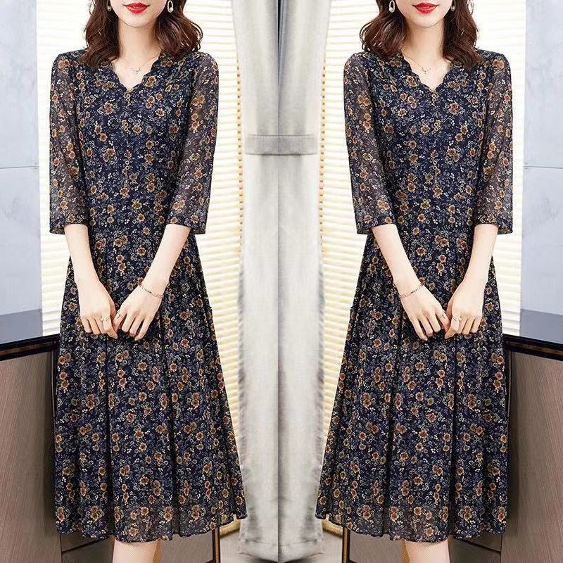 Mom's Mesh Dress for Women 2026 New Style Middle-Aged Summer Dress Stylish Waist-Cinching Printed Three-Quarter Sleeve Long Dress