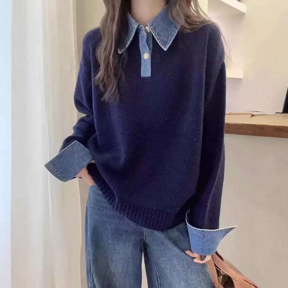봄과 가을 새로운 스타일 심플하고 다재다능한 칼라 데님 스플리싱 루즈한 기질 폴로 칼라 작은 사람들을 위한 니트 게으른 스타일 새로운 스타일