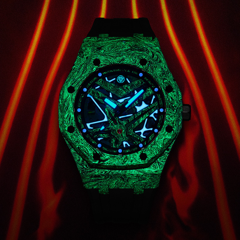 Forged Carbon Shell Automatic Mechanical Watch for Men, Hollow Design, Luminous, Waterproof, Sports Rubber Strap Wristwatch, Dropshipping Available Forged Carbon Shell Automatic Mechanical Watch for Men, Hollow Design, Luminous, Waterproof, Sports Rubber Strap Wristwatch, Dropshipping Available