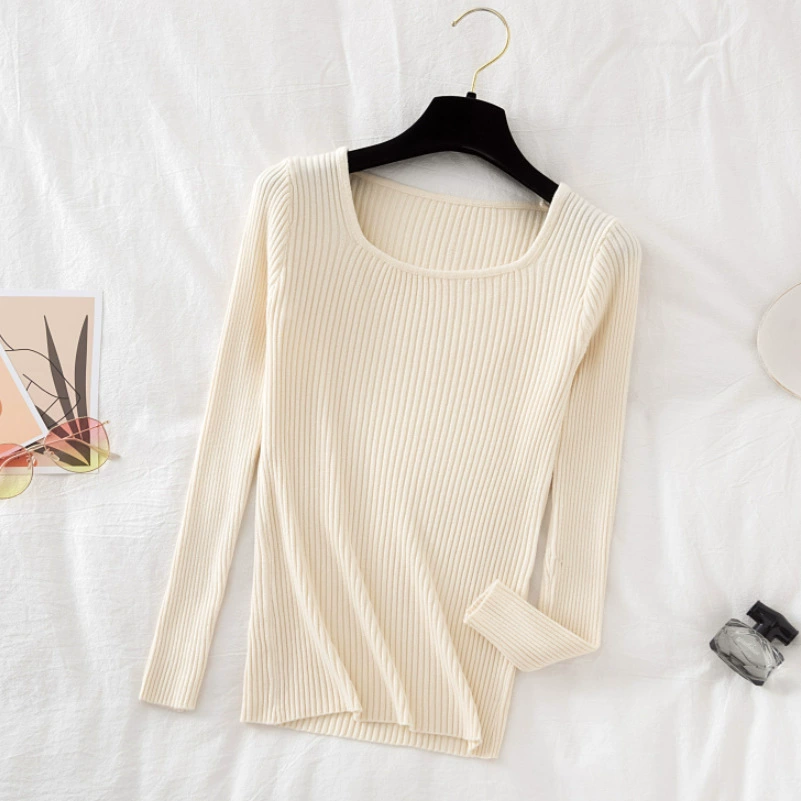 Осенний новый свитер с квадратным вырезом, Женский пуловер, приталенный короткий, 2023, базовый свитер с длинными рукавами, Женский Стильный Топ