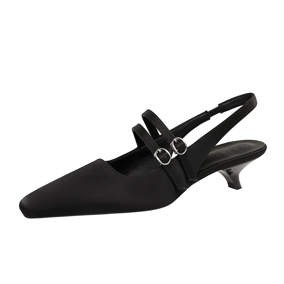 5126 Korean version pointed straight strap back empty shoes back strap comfortable low order shoes shallow mouth wine glass heel silk women's shoes
