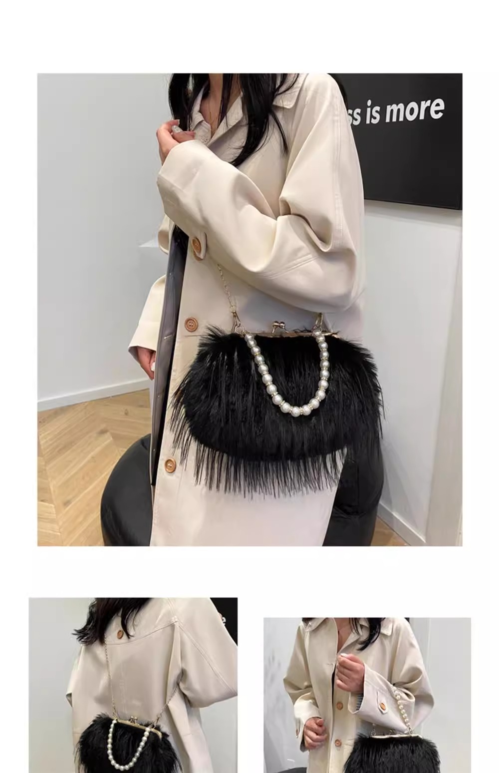 Exquisite furry plush bag messenger bag for women 2024 new autumn and winter plush bag pearl chain handbag_voghion.com