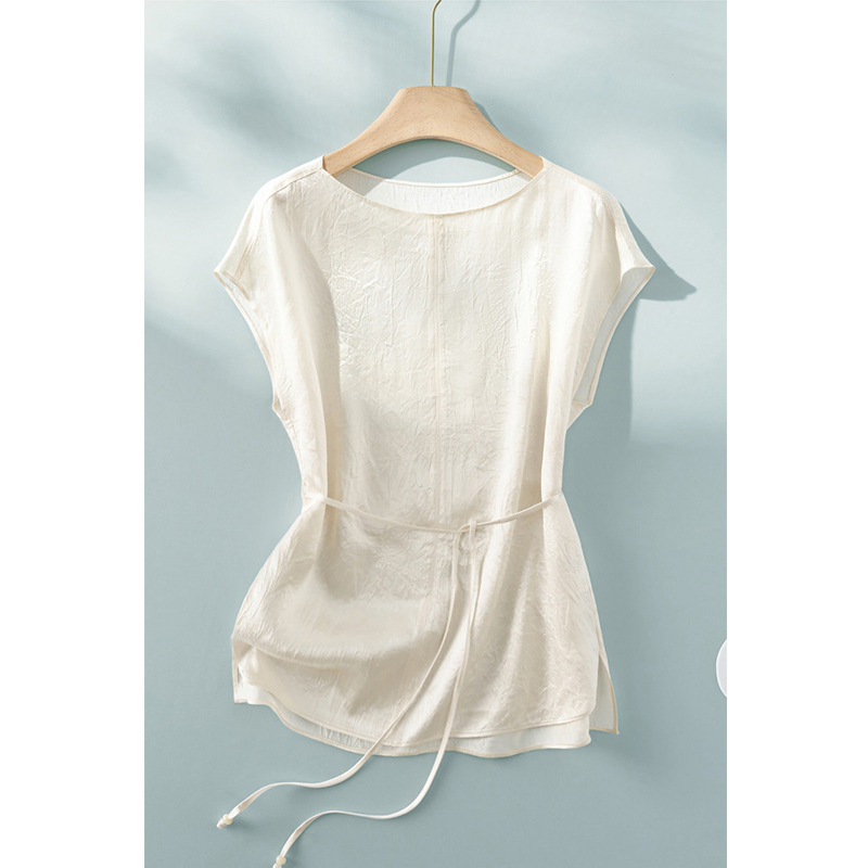 2026 High-End Glossy Satin Shirt for Women, Summer Slim-Fit Elegant Off-Shoulder Short-Sleeve Top