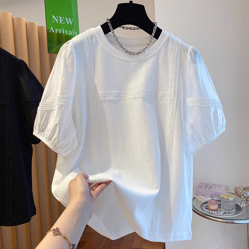 European-Style High-End Solid Color Puff Sleeve T-Shirt for Women, Short-Sleeved Summer New Style, Loose and Fashionable Lace Patchwork Pullover Top European-Style High-End Solid Color Puff Sleeve T-Shirt for Women, Short-Sleeved Summer New Style, Loose and Fashionable Lace Patchwork Pullover Top