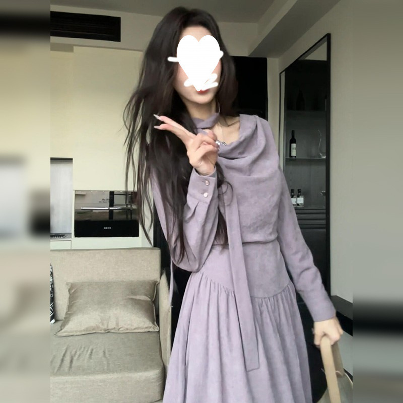 New Chinese Style Purple Swing Collar Ribbon Long-Sleeved Dress for Women Spring and Autumn New Korean Style Waist-Cinching Long Skirt New Chinese Style Purple Swing Collar Ribbon Long-Sleeved Dress for Women Spring and Autumn New Korean Style Waist-Cinching Long Skirt