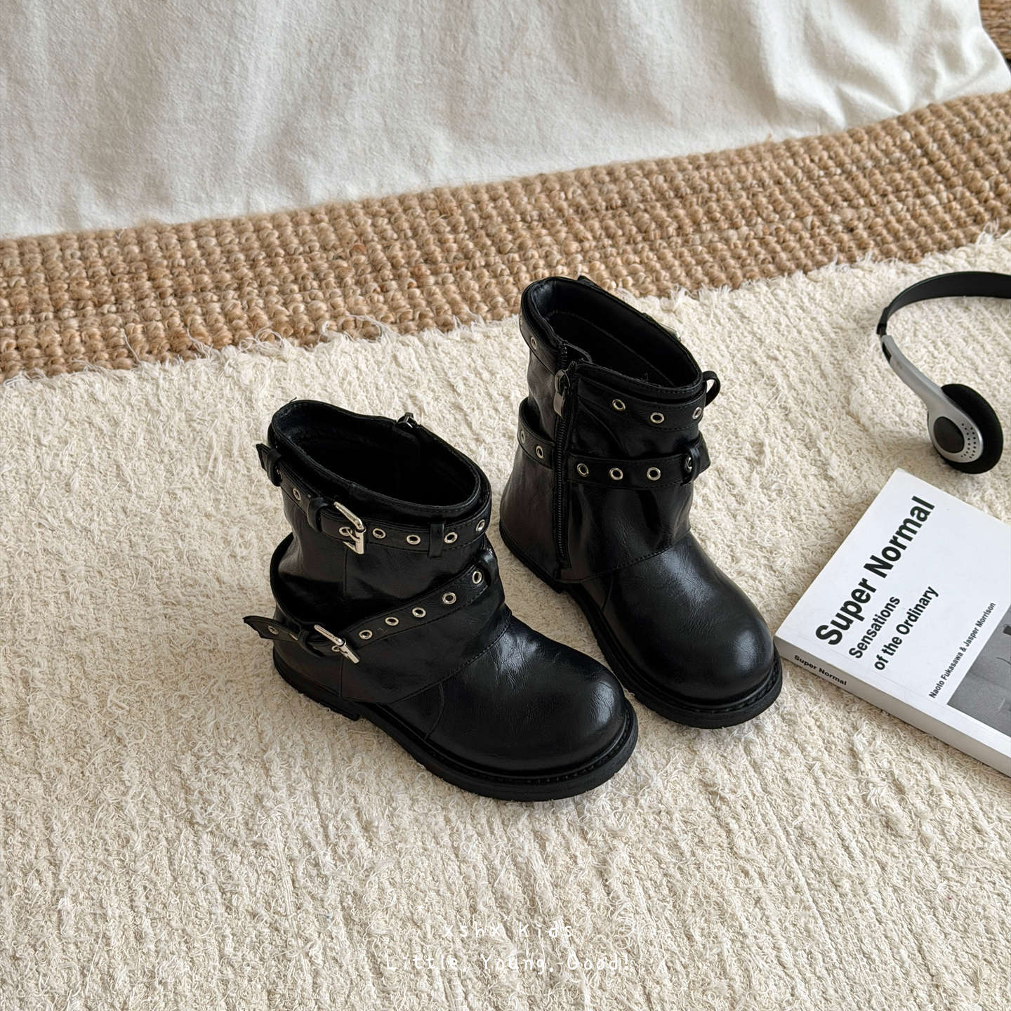 XSHX retro wide-fit | Children's riding boots, Martin-style fashion boots with a stacked design, rivet detailing, and side zipper, 26, autumn collection, for boys and girls