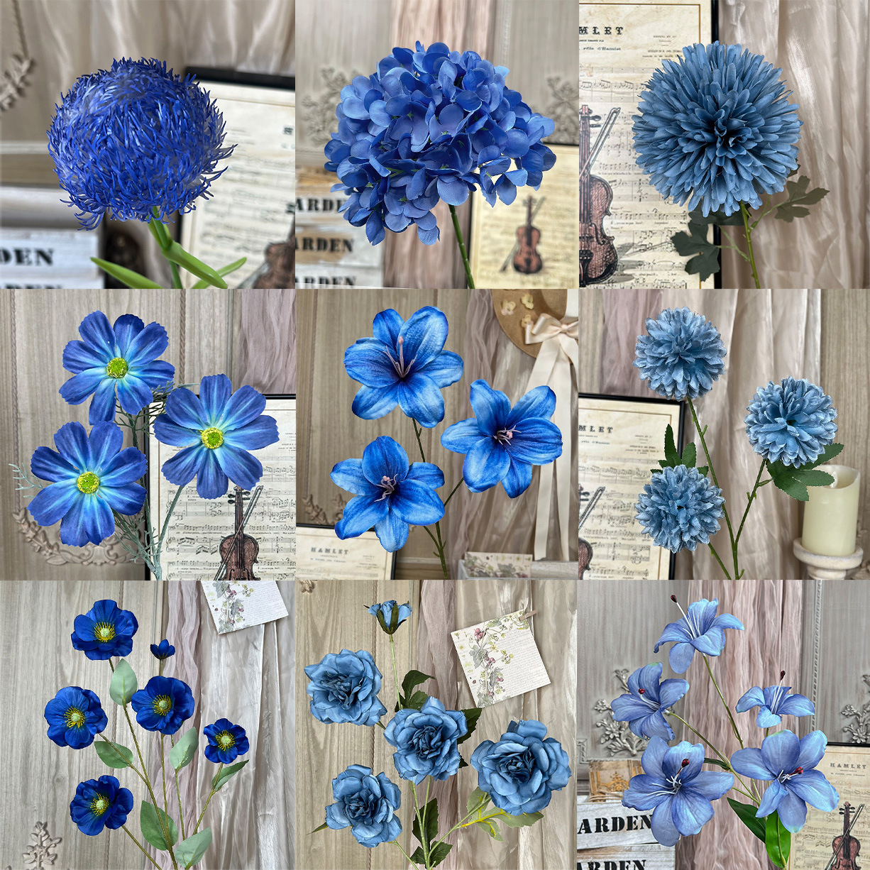 Inime fleur brumeuse, arrangement floral bleu, décoration de mariage, fleurs, fleurs profondes, faux bouquets, lieu de mariage, fenêtre du jardin de Monet