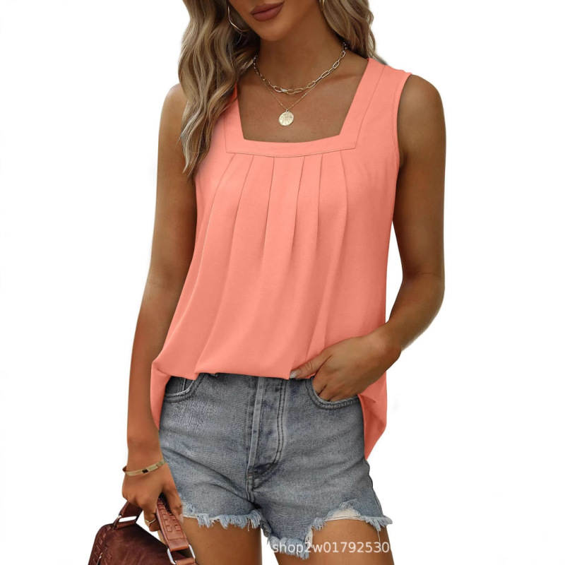 2025 Amazon Women's Summer Vest Loose Pleated Square Neck Sleeveless Top with Curved Hem Flowy