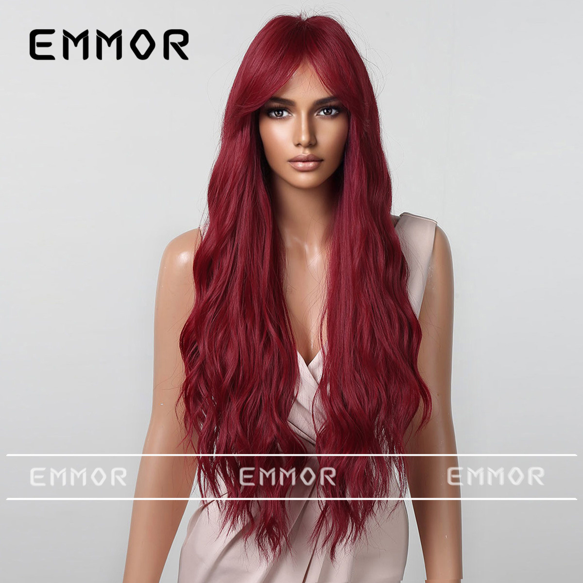 Estilo europeo y americano Cosplay pequeño rizado flequillo Rosa rojo largo pelo rizado onda grande cabeza completa cubierta realista Peluca de las mujeres