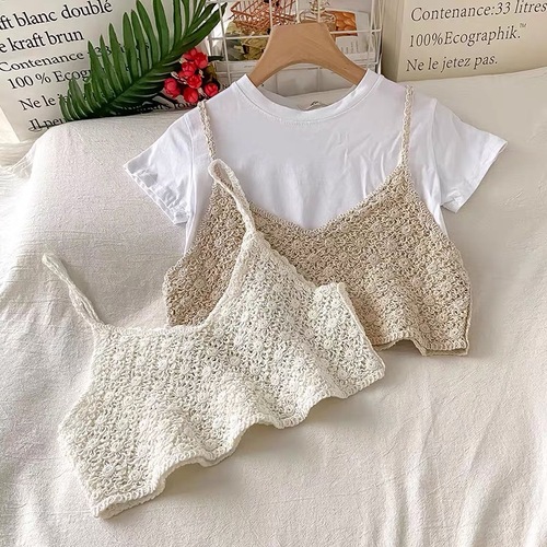 Small fresh Korean style loose knitted ins trendy versatile literary retro outer wear hollow crochet top camisole